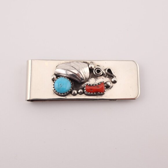 Navajo Sterling Silver Turquoise and Coral Stones Money Clip Handmade Accessory* - Picture 4 of 7